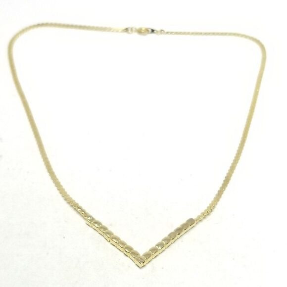 Vintage V Shape Rhinestone and Gold Tone Chain Necklace, Minimal Sparkle, Estate - Picture 3 of 6